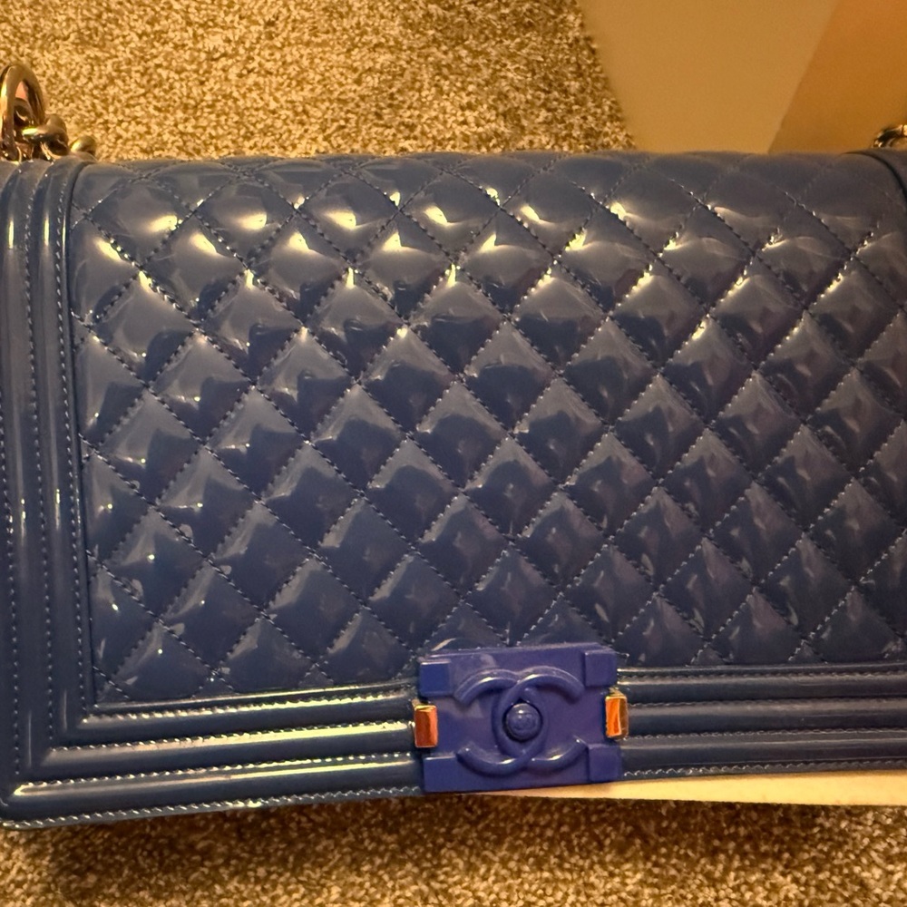 CHANEL Blue Quilted Patent Leather Shoulder Bag with CC Lock